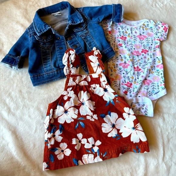 Cat & Jack Other - Baby Girl Bundle – Sz 0-6 Months | Denim Jacket, Corduroy Dress & Floral Onesie